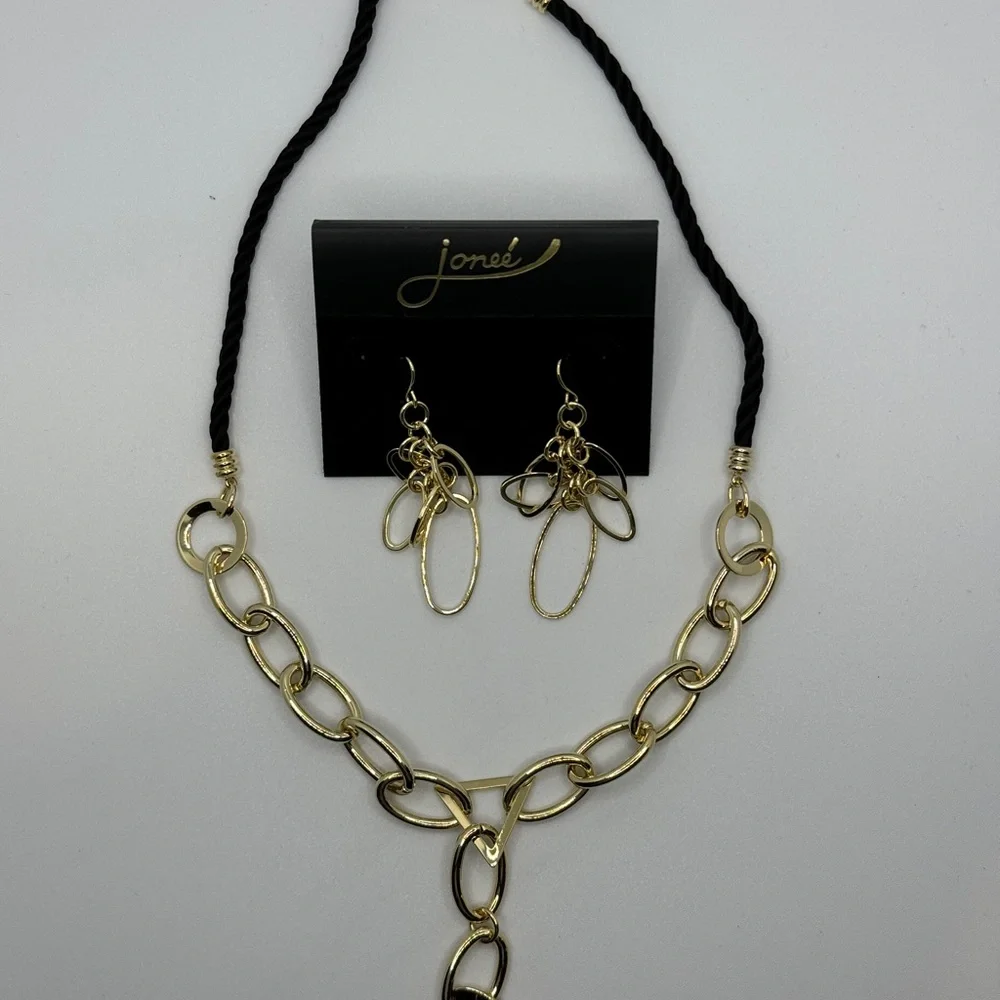 Vintage 90s Jonee Necklace and Earring Set Gold Tone Statement Dangle Black Rope